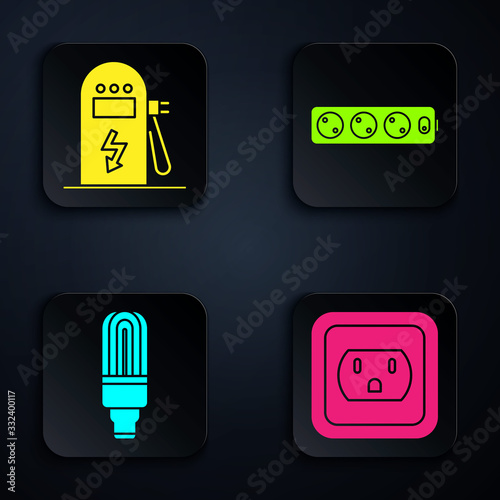 Set Electrical outlet in the USA, Electric car charging station, LED light bulb and Electric extension cord. Black square button. Vector