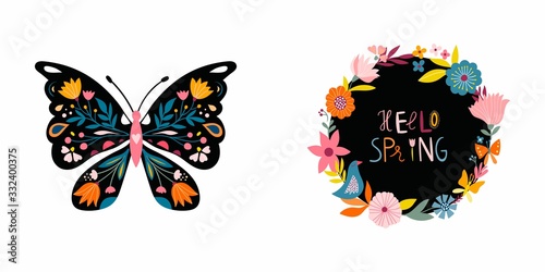 Hello spring cards/invitation set  with butterfly and floral wreaths