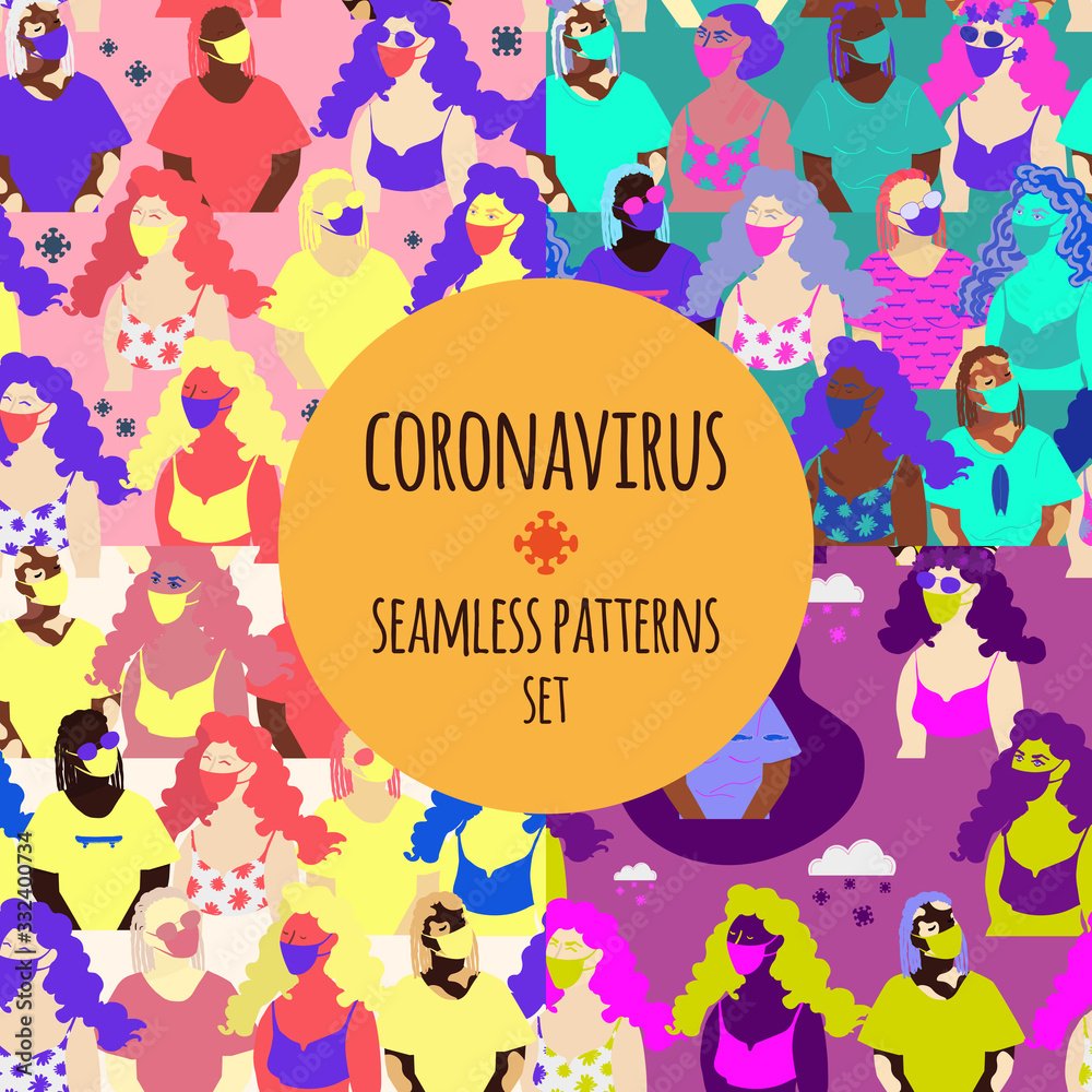 Naklejka premium Girls in face masks flat vector seamless pattern set. Pandemic of coronavirus concept texture. Illustration with women of different races and virus icon. Textile design, wrapping paper, web background