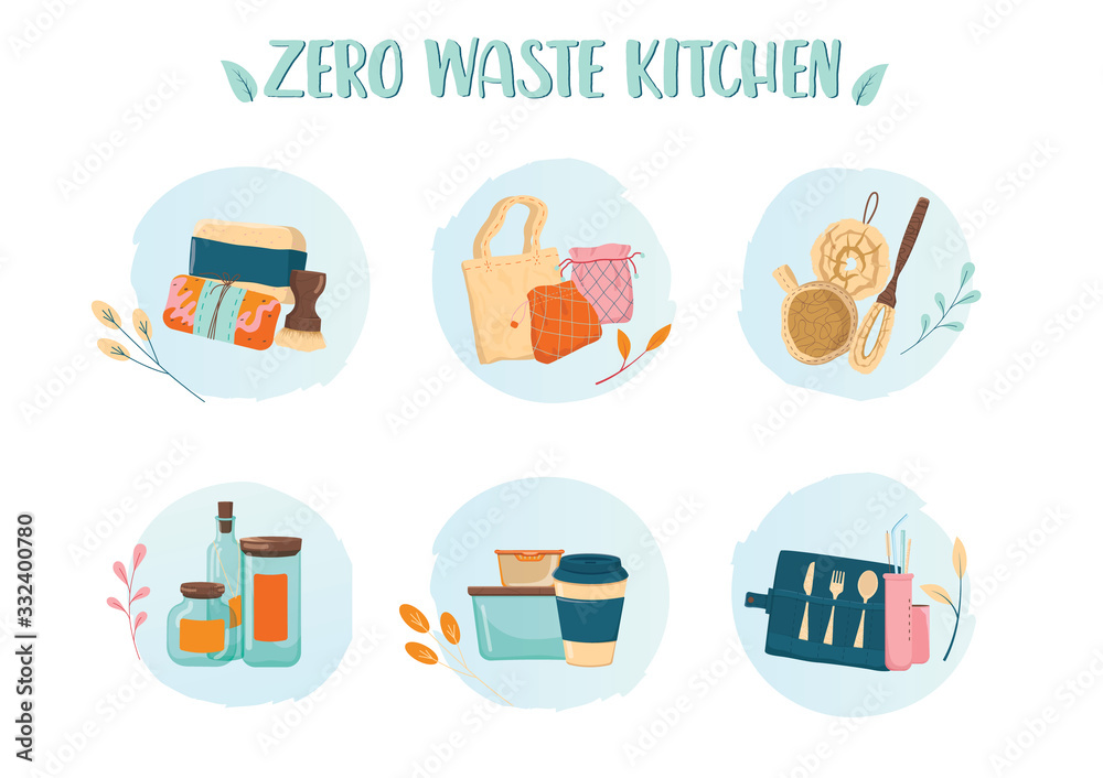 Zero waste kitchen colorfull icons set. Collection of eco elements