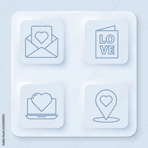 Set line Envelope with heart, Valentines day party flyer, Laptop with heart and Map pointer with heart. White square button. Vector