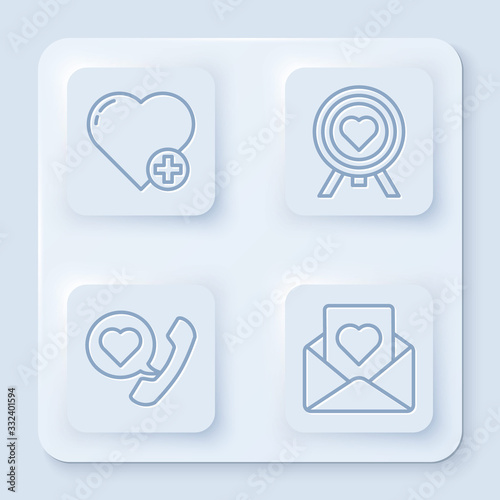 Set line Heart, Heart in the center of darts target aim, Telephone with heart speech bubble and Envelope with heart. White square button. Vector