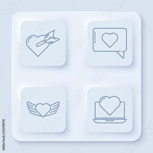 Set line Amour with heart and arrow, Like and heart, Heart with wings and Laptop with heart. White square button. Vector