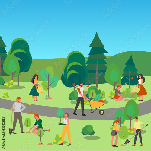 Peope plant a tree in the park. Idea of care and humanity  nature