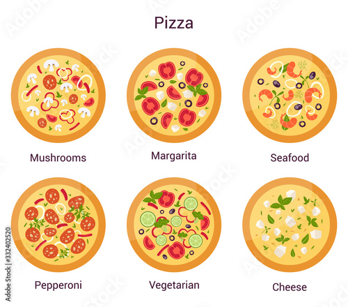 Pizza of different types set. Margherita and pepperoni, vegetarian