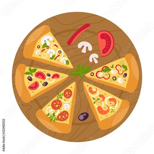 Tifferent types of pizza in slices. Margherita and pepperoni, vegetarian