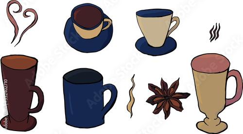 Coffee set, collection of coffee mugs and star anise Freehand drawings: set of different coffee mugs and star anise. In close to natural colors: blue, brown, beige, white. 