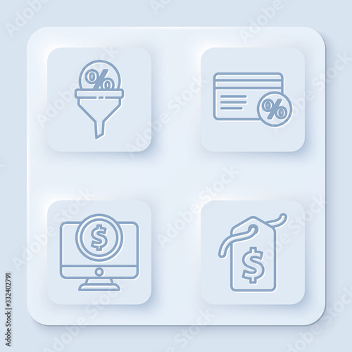 Set line Lead management, Discount card with percent, Computer monitor with dollar and Price tag with dollar. White square button. Vector