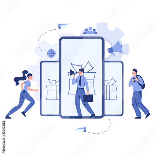 Referral program concept. People making money and working in referral