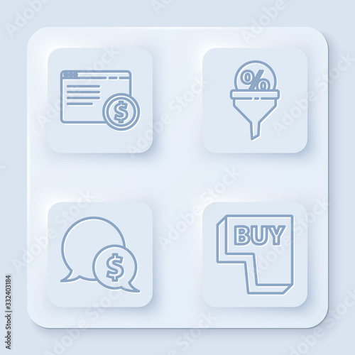 Set line Online shopping on screen, Lead management, Speech bubble with dollar and Buy button. White square button. Vector