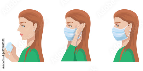 Woman putting on medical mask. Illustrations in cartoon style isolated on white background.