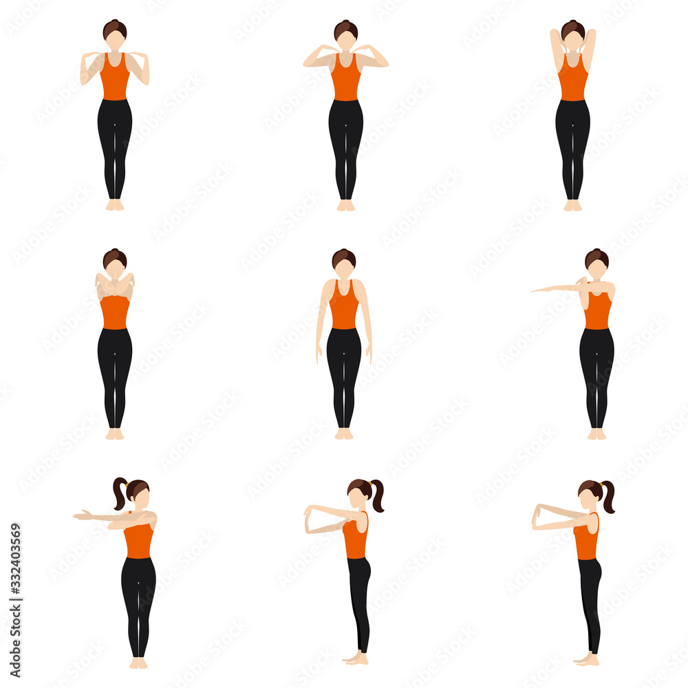 Standing warm up yoga asanas arms and shoulders stretch Illustration stylized woman practicing exercises for hands Stock Adobe Stock