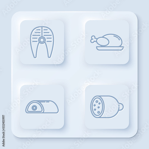 Set line Fish steak, Roasted turkey or chicken, Meat and Salami sausage. White square button. Vector