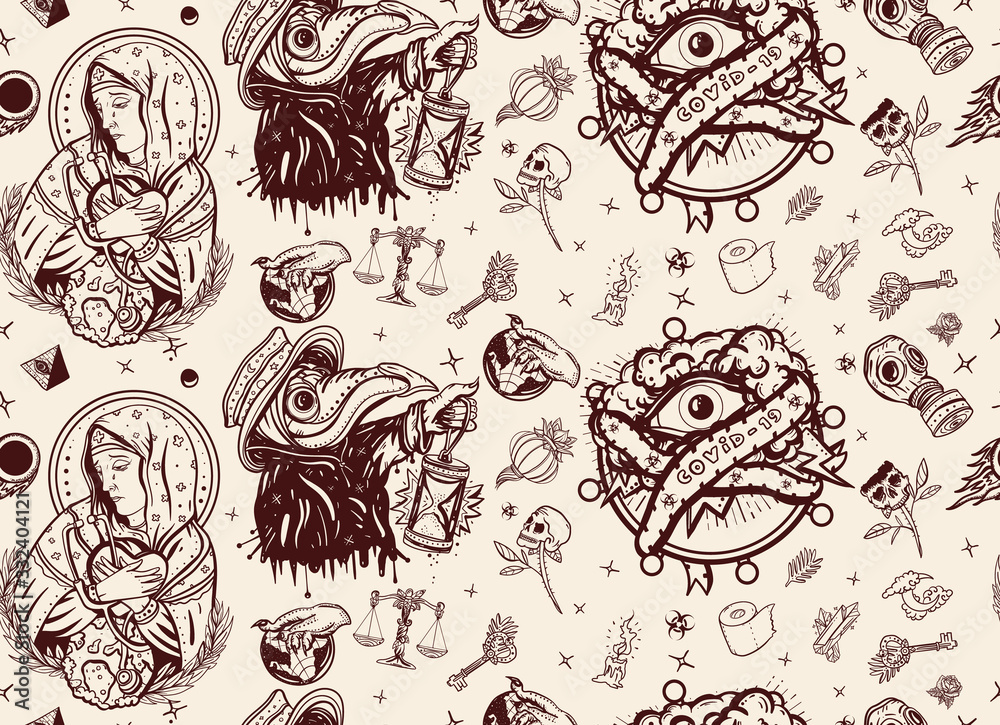 Coronavirus seamless pattern. Plague doctor, COVID-19 (SARS-CoV-2), Virgin Mary mourns the death of world, all seeing eye. Stay home background. Stop epidemic. Old school tattoo style
