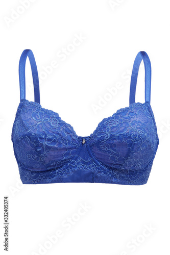 Photo Subject shot of a blue lace bra with underwired cups and thin straps