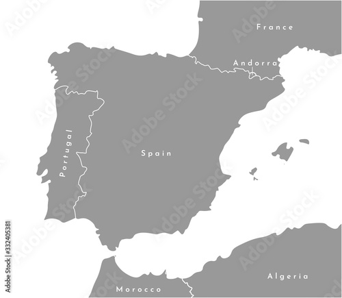 Vector modern illustration in grey color. Simplified european political map with Spain in the center. White background and outlines. Borders with Portugal, France, Andorra.