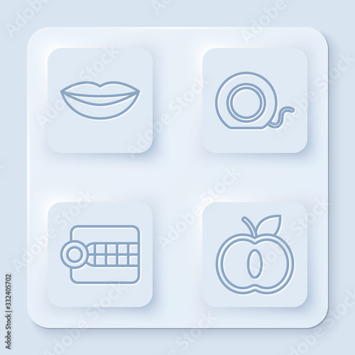 Set line Smiling lips, Dental floss, Dentures model and Apple. White square button. Vector