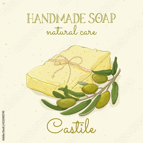 Handmade castile soap. Olive soap. Vector hand drawn illustration. Isolated, with flowers lavander and lettering.