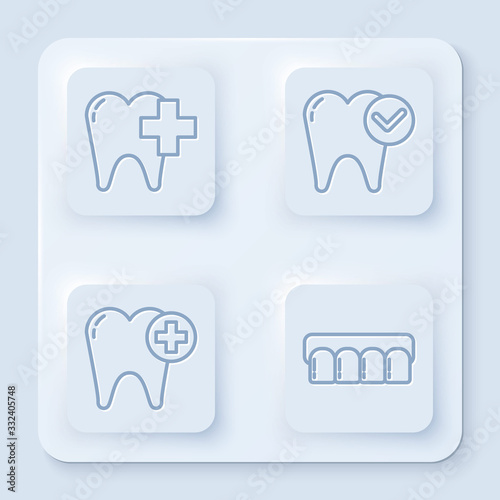 Set line Dental clinic for dental care tooth, Tooth whitening concept, Tooth and Dentures model. White square button. Vector