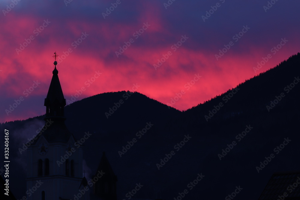 Pink sky with church tower, Bohinj