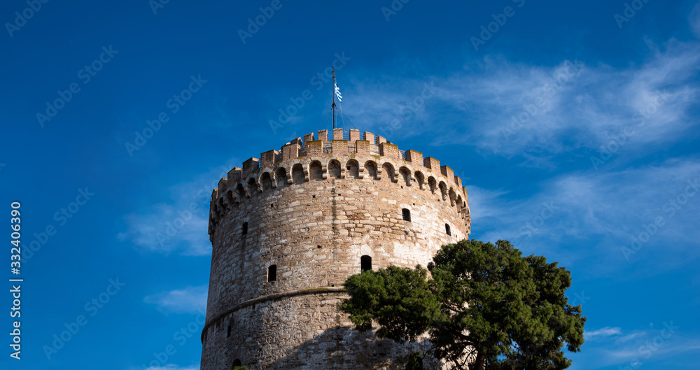 White Tower of Thessaloniki against blue sky at daytime..