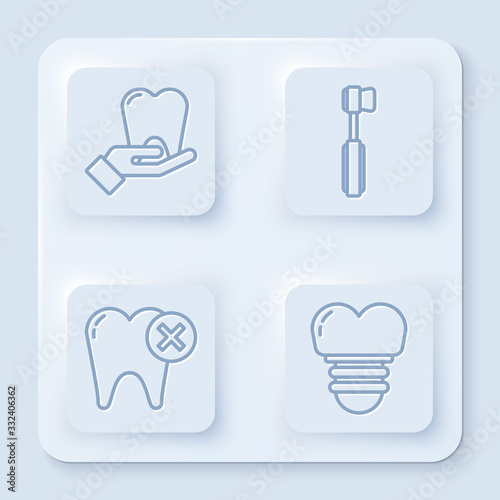 Set line Tooth, Toothbrush, Tooth with caries and Dental implant. White square button. Vector