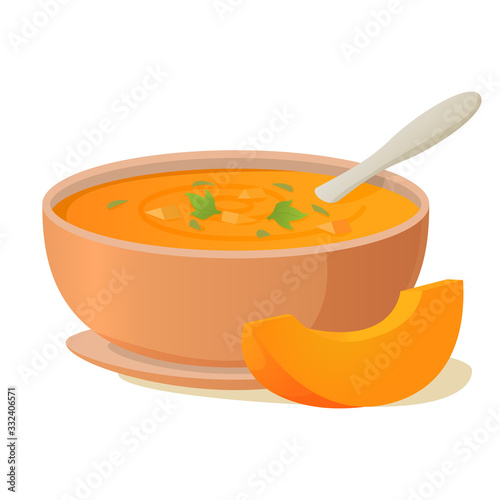 A plate of pumpkin soup with a spoon.