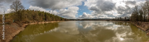 panorama view of a pond in sytno with cloudy sky
