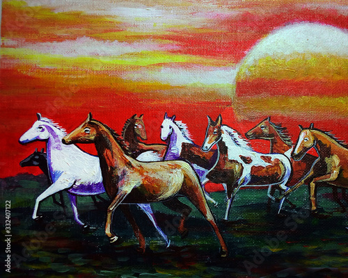 Art painting Fine art Oil color running horse Lucky from Thailand