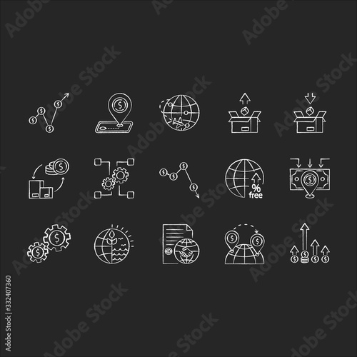 Global trade chalk white icons set on black background. World economics, investment and income. Export and import, business assets and natural resources. Isolated vector chalkboard illustrations