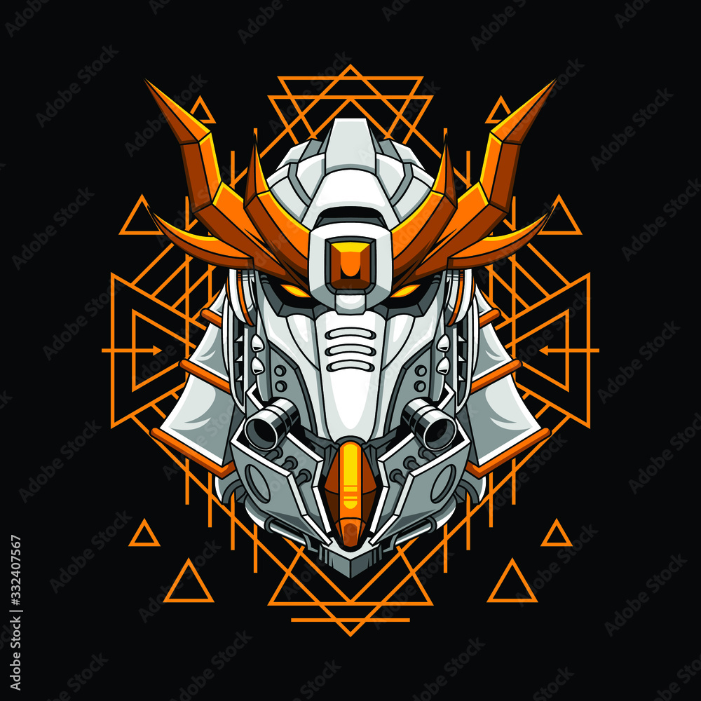 Mecha head samurai with sacred geometry pattern