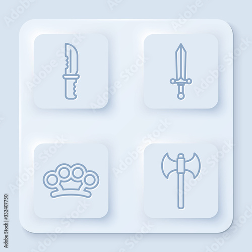 Set line Military knife, Medieval sword, Brass knuckles and Medieval axe. White square button. Vector