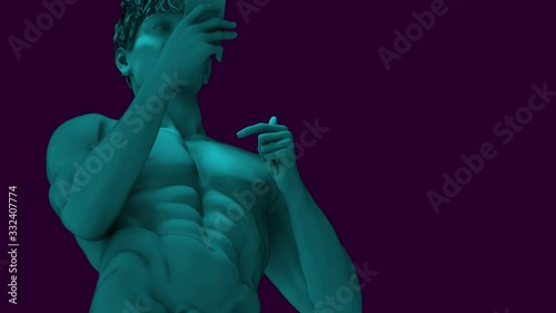 Modern Sculpture On A Dark Background. Sculpture Of a Man With a Phone. Neon lights. 3d Modeled And Animatet Video.