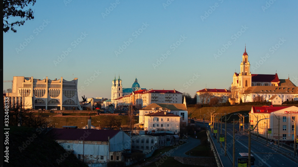 Grodno, Belarus, March 15, 2020: Panorama of the evening city.
