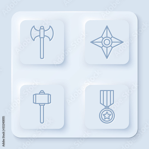 Set line Medieval axe, Japanese ninja shuriken, Battle hammer and Military reward medal. White square button. Vector