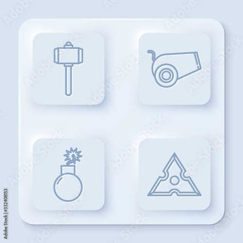 Set line Battle hammer, Cannon, Bomb ready to explode and Japanese ninja shuriken. White square button. Vector
