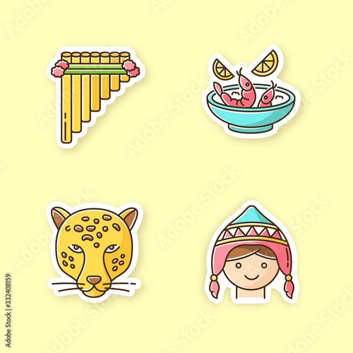 Peru printable patches. Peruvian art, cuisine, animals, costume. Siku, ceviche, jaguar, chullo hat. Customs of andean culture. RGB color stickers, pins and badges set. Vector isolated illustrations