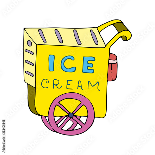 Ice cream cart market. Summer store on wheels. Ice cream kiosk and marketplace. Yellow sweet frozen food shop. Vector hand drawn illustration isolated on white background. Great design for cafe menu.