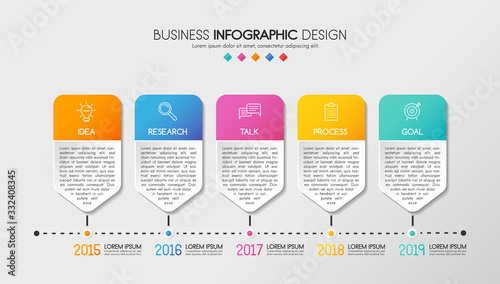 Business infographic template with 5 steps. Colourful timeline. Vector