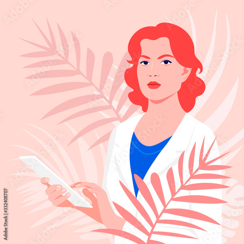 The Doctor woman dressed in a white medical coat. Medical professions. Coronavirus. Vector flat illustration