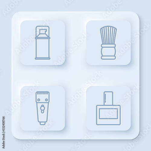 Set line Shaving gel foam, Shaving brush, Electrical hair clipper or shaver and Aftershave. White square button. Vector