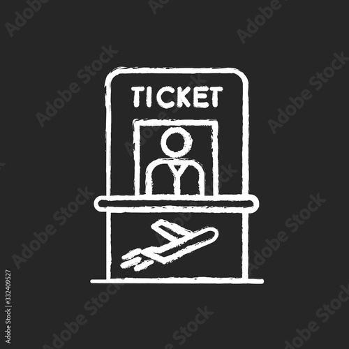 Airplane ticket counter chalk white icon on black background. Get boarding pass at registration counter. Check in for flight abroad. Trip departure checkout. Isolated vector chalkboard illustration