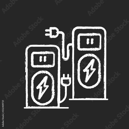 Power recharge terminal chalk white icon on black background. Self service kiosk to charge vehicle. Accumulator for alternative fuel supply. Technology charger. Isolated vector chalkboard illustration