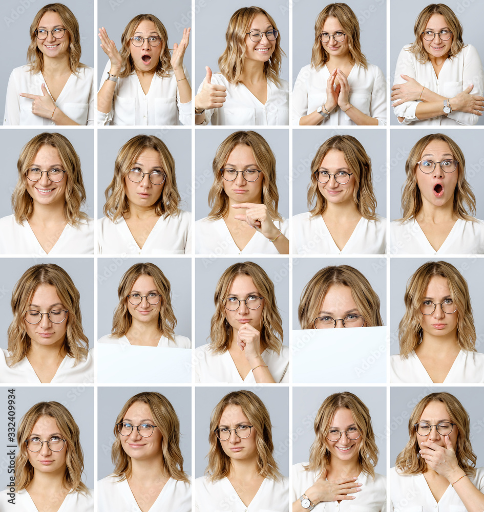 Beautiful woman with different facial expressions and gestures Beautiful woman with different facial expressions and gestures