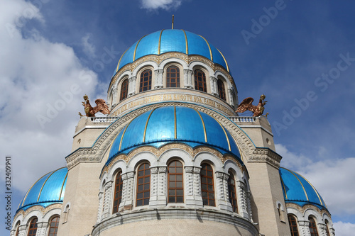 Orthodox Church of the Holy Trinity at the Borisovo Ponds (Orekhovo-Borisovo district), Moscow city, Russia. Religious architecture. Christian religion. Moscow landmark, architectural monument. View photo