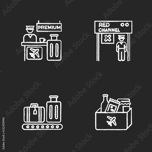 Airport terminal chalk white icons set on black background. Premium service desk. Red channel for transit to plane. Luggage on trolley. Duty free shopping. Isolated vector chalkboard illustrations