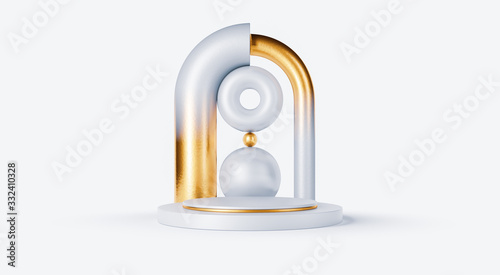 Clean white gold product pedestal on white background, gold frame, memorial board, abstract minimal concept, blank space, clean design, luxury mockup. 3d render 
