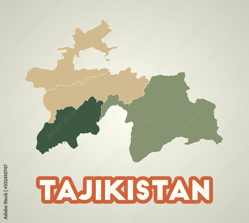 Tajikistan poster in retro style. Map of the country with regions in autumn color palette. Shape of Tajikistan with country name. Powerful vector illustration.