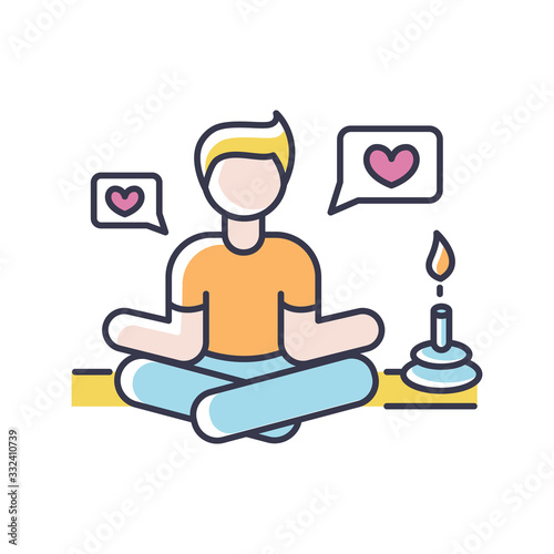 Lifestyle guru RGB color icon. Person in meditation pose getting likes. Harmony and stress relief. Life coach. Zen and yoga position. Positive attitude. Isolated vector illustration