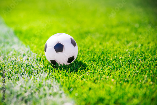 Football ball on green grass by the white line. Sport photo  edit space.